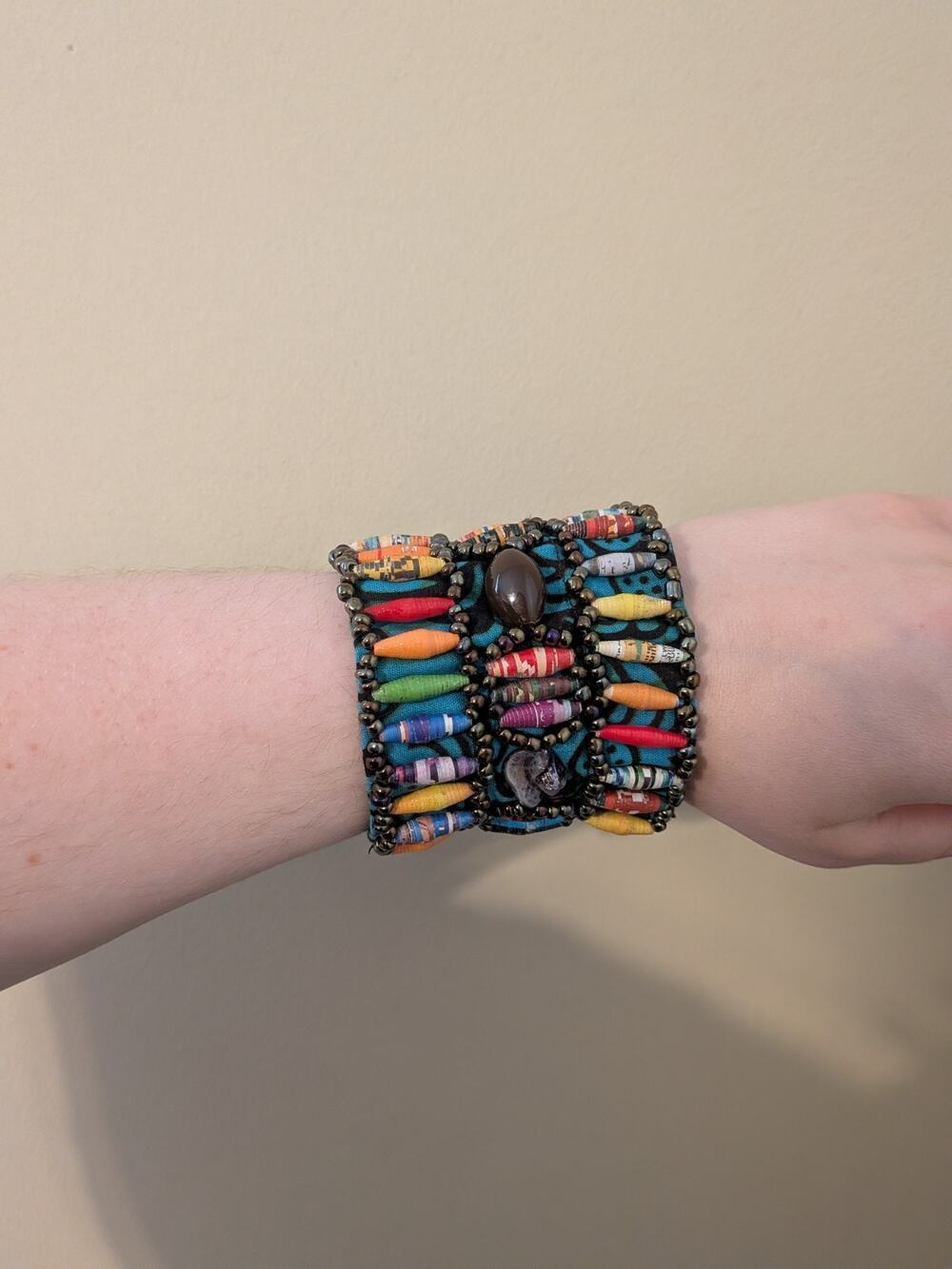 Handmade African Paper Bead Cuff Bracelet Multicolor Fabric Wrap Adjustable Boho